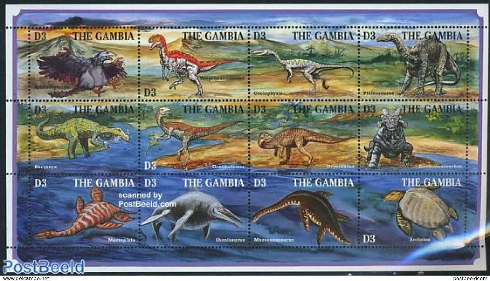 Gambia 1995 Preh. Animals 12v M/s, Archaepteryx, Mint NH, Nature - Prehistoric Animals - Prehistóricos