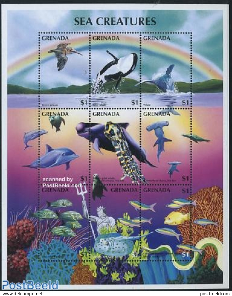 Grenada 1996 Marine Life 9v M/s, Brown Pelican, Mint NH, Nature - Birds - Fish - Sea Mammals - Fische