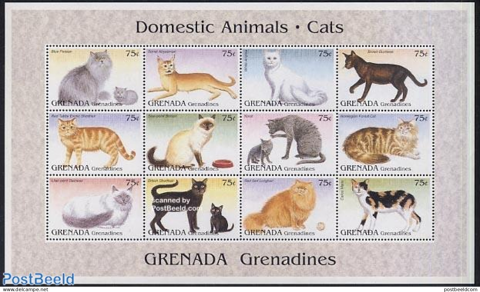 Grenada Grenadines 1995 Cats 12v M/s, Mint NH, Nature - Cats - Grenada (1974-...)