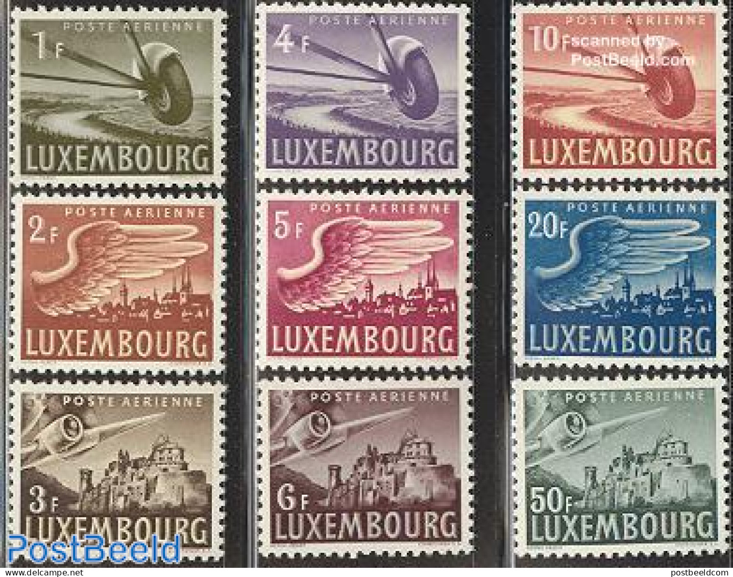 Luxemburg 1946 Airmail Definitives 9v, Mint NH, Transport - Aircraft & Aviation - Art - Castles & Fortifications - Unused Stamps