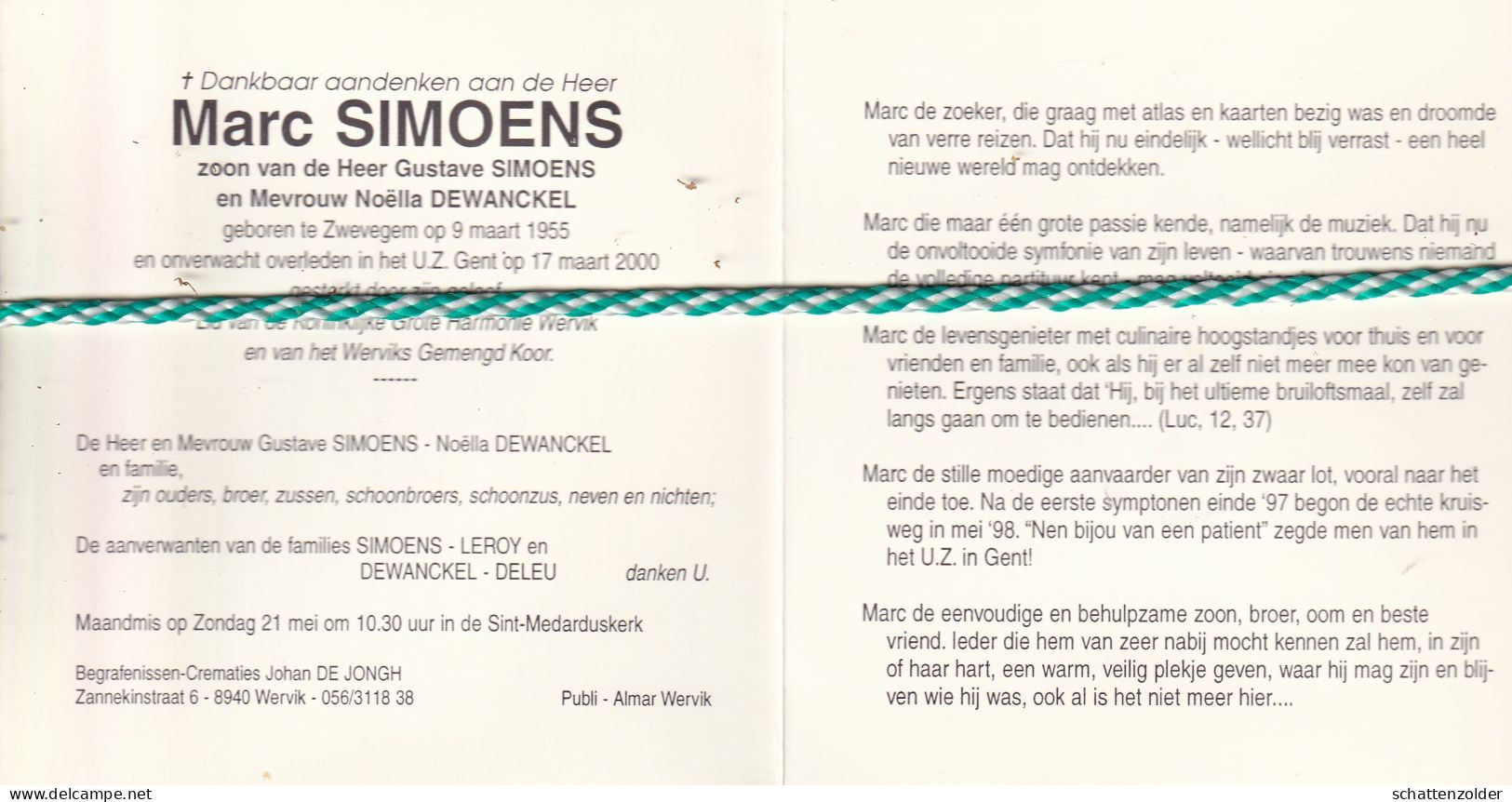 Marc Simoens-Dewanckel, Zwevegem 1955, Gent 2000. Foto Muzikant - Todesanzeige