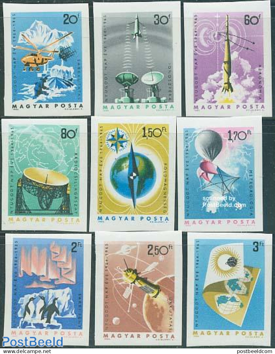 Hungary 1965 Quiet Sun Year 9v Imperforated, Mint NH, Nature - Science - Transport - Birds - Penguins - Meteorology - .. - Ungebraucht