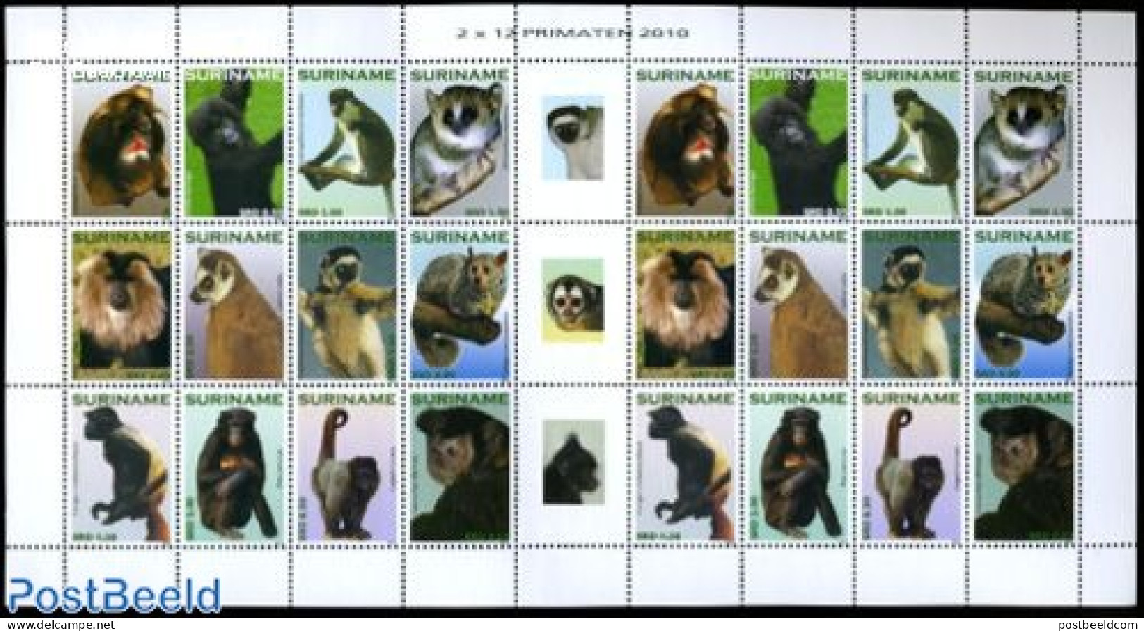 Suriname, Republic 2010 Primates, Monkeys 2x12v M/s, Mint NH, Nature - Animals (others & Mixed) - Monkeys - Suriname