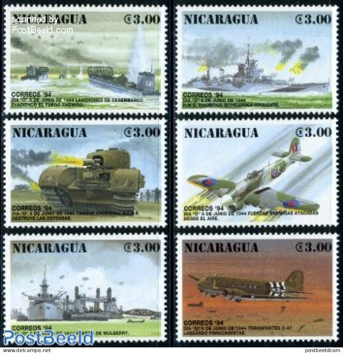 Nicaragua 1994 D-Day 6v, Mint NH, History - Transport - World War II - Aircraft & Aviation - Ships And Boats - Seconda Guerra Mondiale