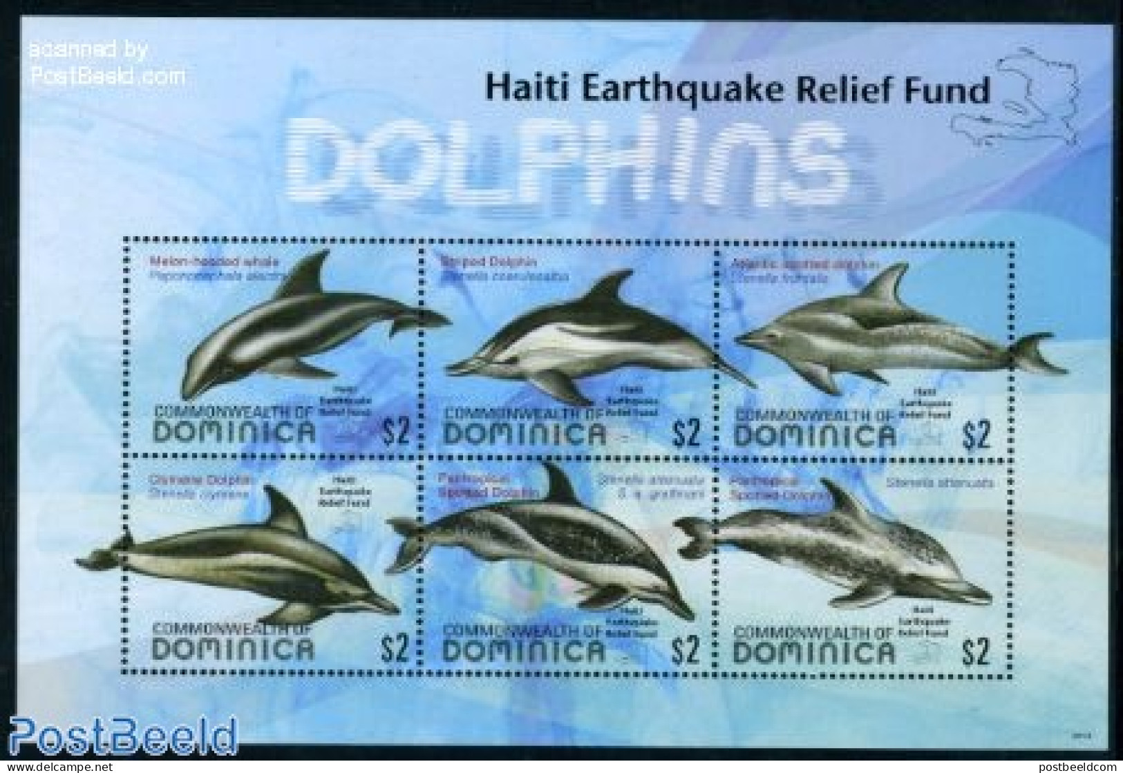 Dominica 2010 Haiti Earthquake Relief Fund (overprint) 6v M/s, Mint NH, History - Nature - Sea Mammals - Disasters - Repubblica Domenicana