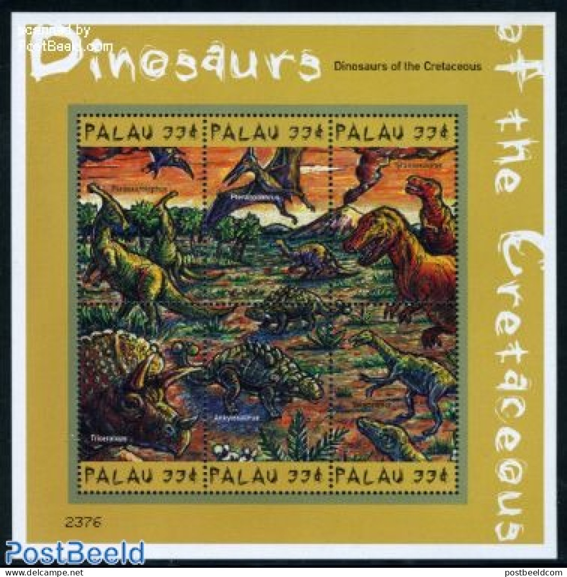 Palau 2000 Prehistoric Animals 6v M/s (6x33c), Mint NH, Nature - Prehistoric Animals - Preistorici