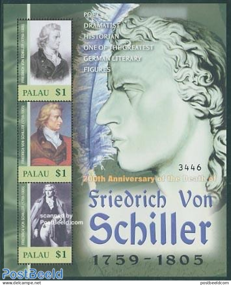 Palau 2005 F. Von Schiller 3v M/s, Mint NH, History - Germans - Art - Authors - Schrijvers