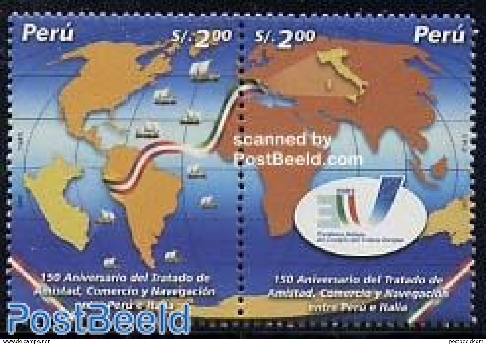 Peru 2003 Treaty With Italy 2v [:], Mint NH, History - Transport - Various - Flags - Ships And Boats - Maps - Schiffe