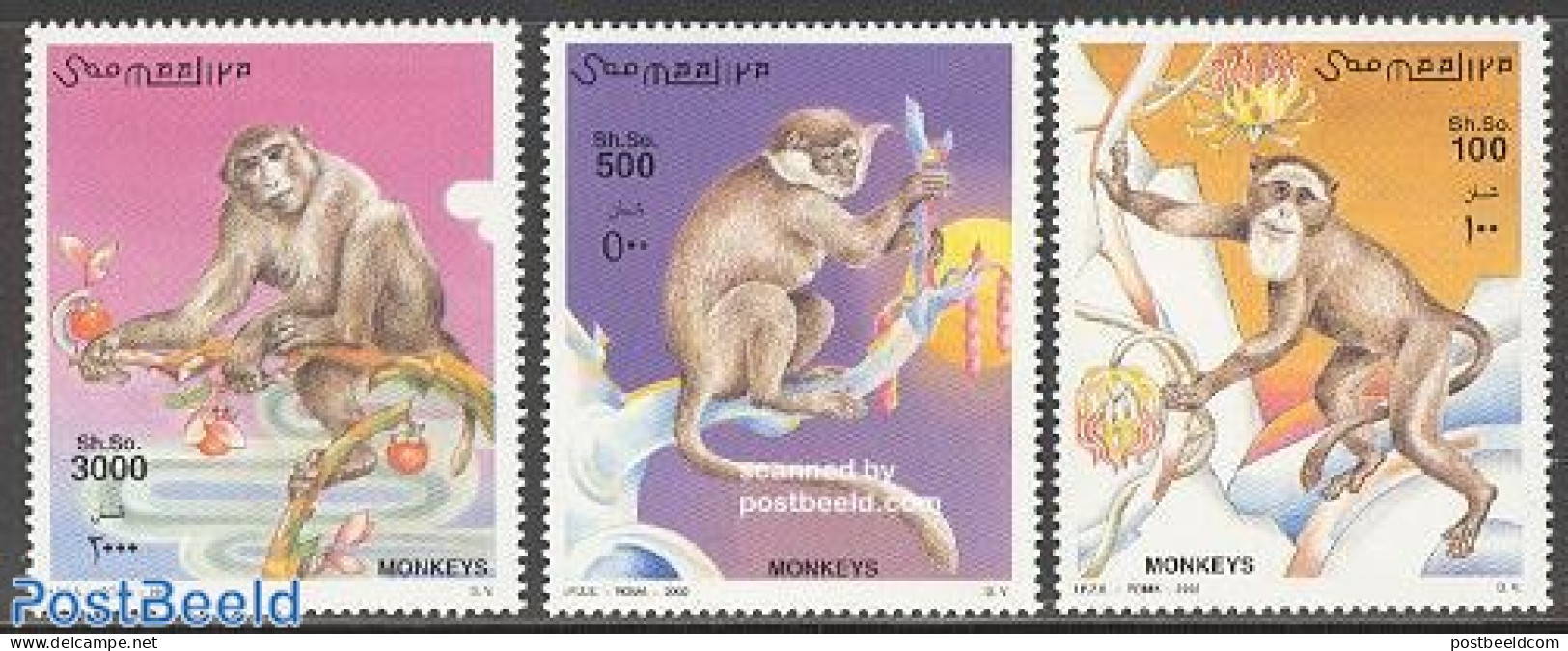 Somalia 2002 Monkeys 3v, Mint NH, Nature - Animals (others & Mixed) - Monkeys - Somalia (1960-...)