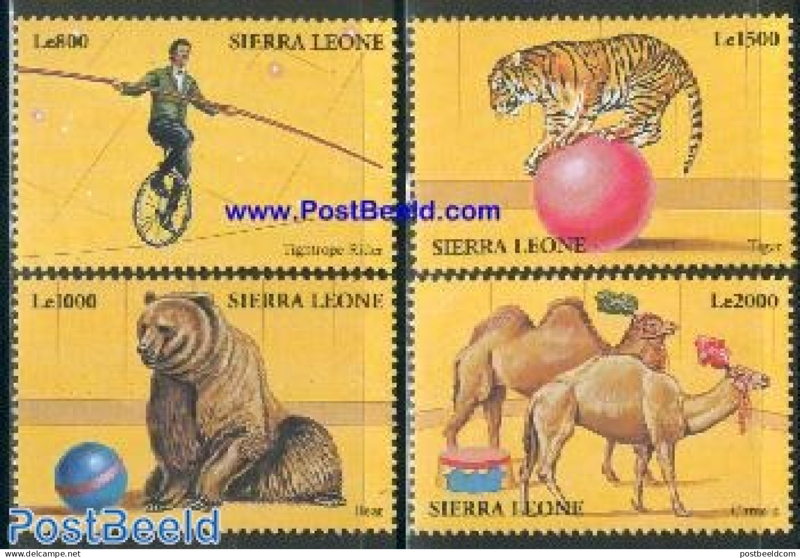 Sierra Leone 2000 Circus 4v, Mint NH, Nature - Performance Art - Sport - Animals (others & Mixed) - Bears - Camels - C.. - Zirkus