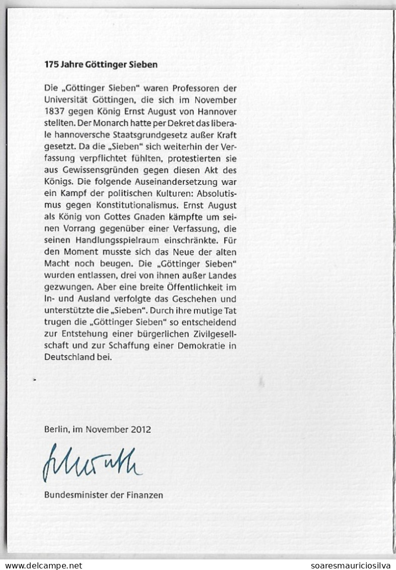 Germany 2012 First Day Sheet 175 Years Of The Göttinten Seven 7 Liberal Professors At University Of Göttingen - 2011-…