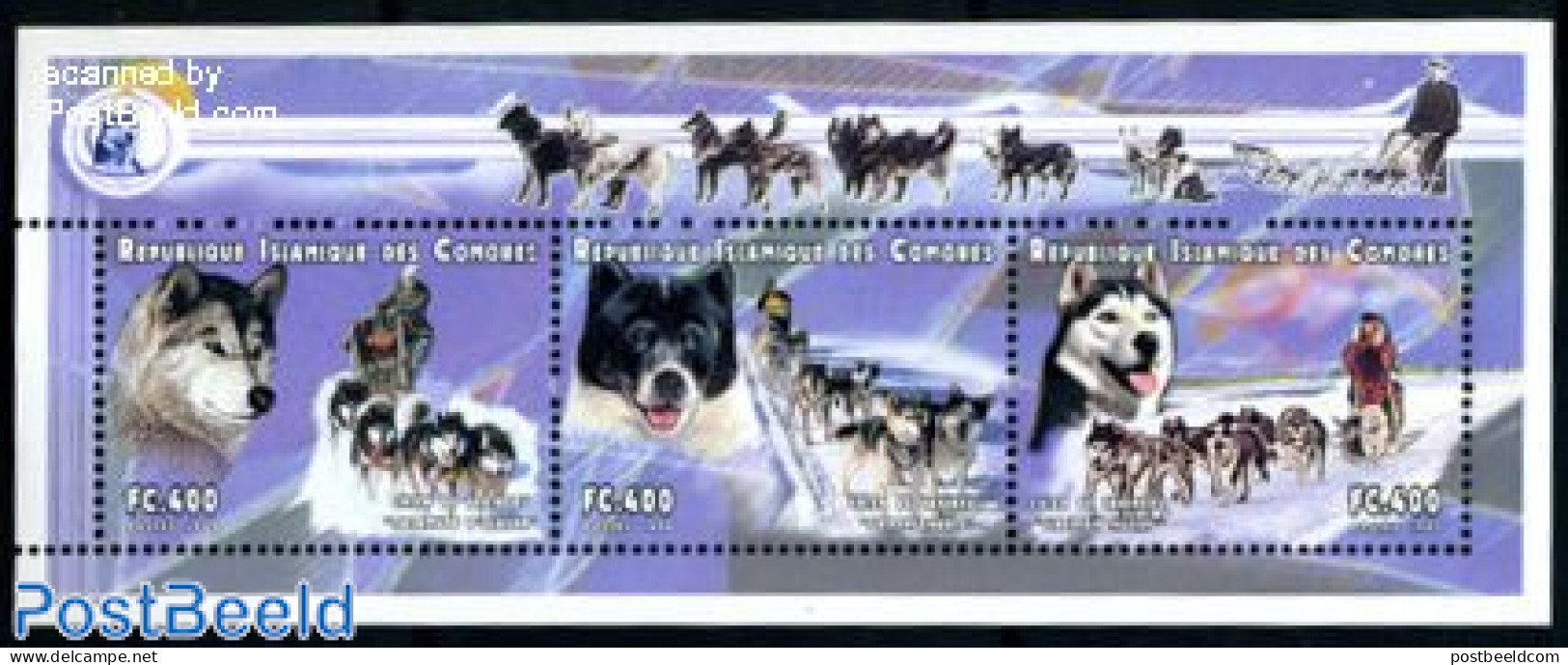 Comoros 1999 Polar Dogs 3v M/s, Mint NH, Nature - Science - Dogs - The Arctic & Antarctica - Isole Comore (1975-...)
