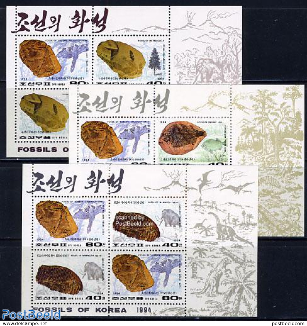 Korea, North 1994 Fossiles 3 M/s, Mint NH, History - Nature - Geology - Birds - Fish - Prehistoric Animals - Fische