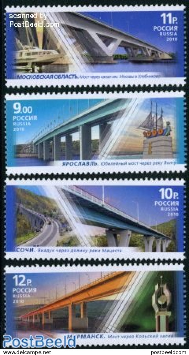 Russia 2010 Bridges 4v, Mint NH, Transport - Automobiles - Ships And Boats - Art - Bridges And Tunnels - Voitures