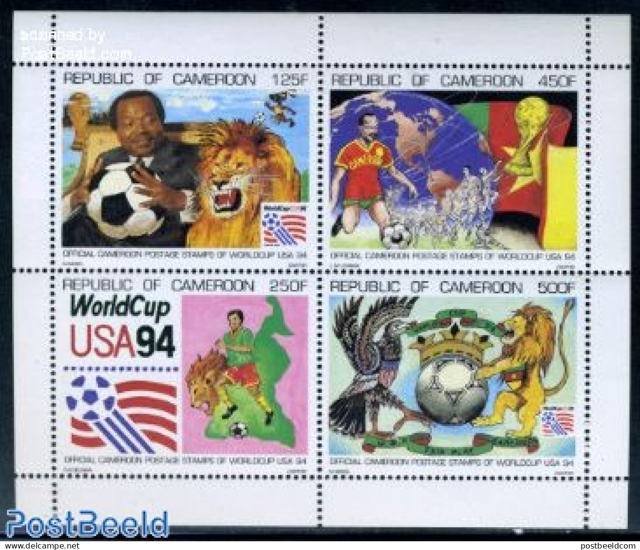 Cameroon 1994 Fottball Games USA 4v M/s, Mint NH, Nature - Sport - Various - Cat Family - Football - Globes - Maps - Géographie