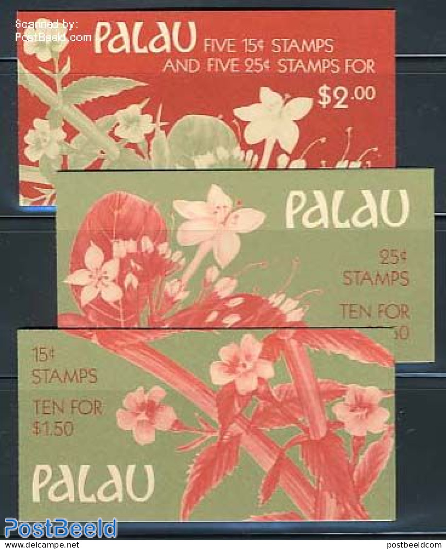 Palau 1988 Flowers 3 Booklets, Mint NH, Nature - Flowers & Plants - Stamp Booklets - Unclassified