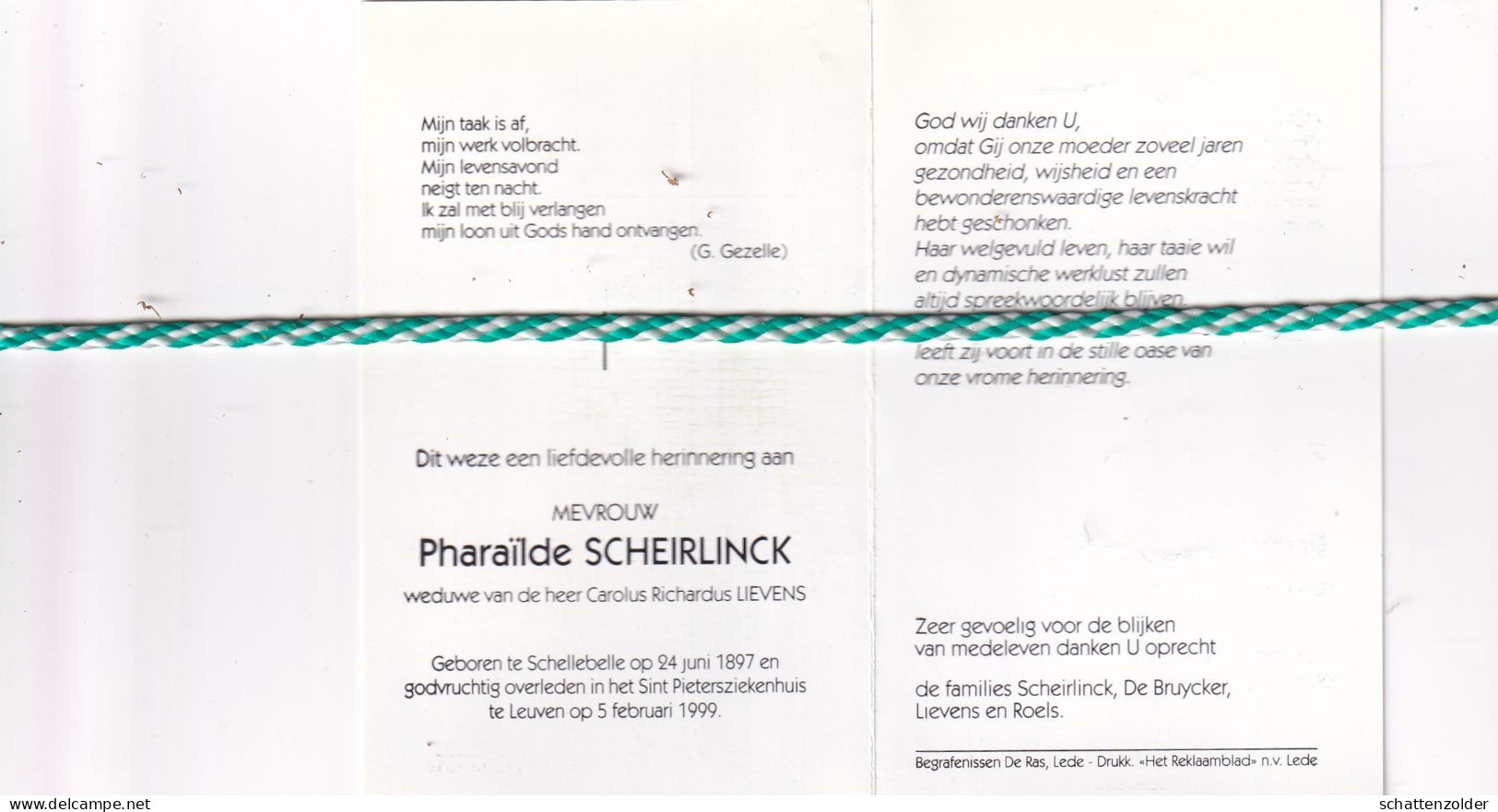 Pharaïlde Scheirlinck-Lievens, Schellebelle 1897, Leuven 1999. Honderdjarige. - Obituary Notices