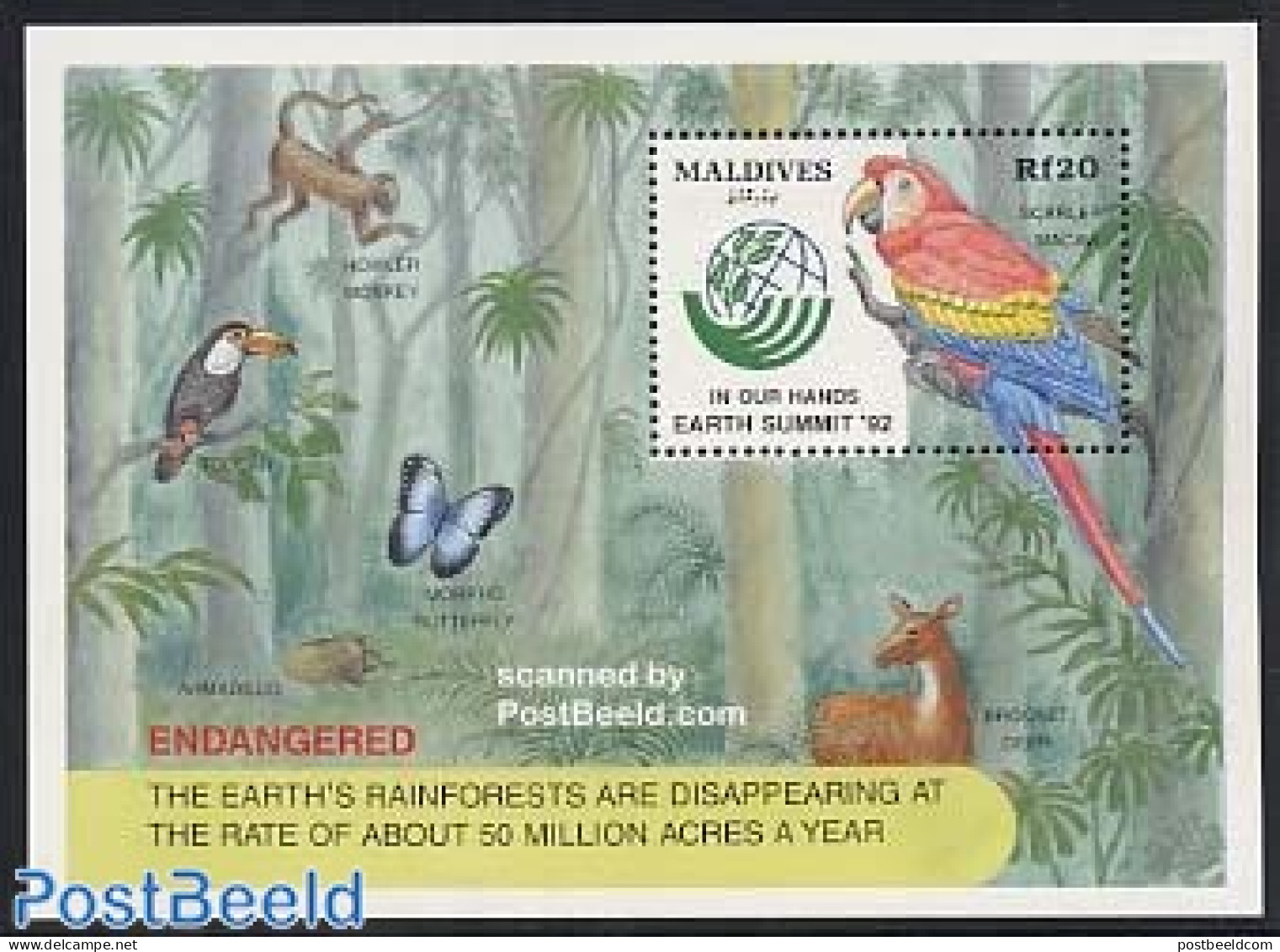 Maldives 1993 UNCED S/s, Mint NH, Nature - Birds - Butterflies - Environment - Parrots - Toucans - Environment & Climate Protection