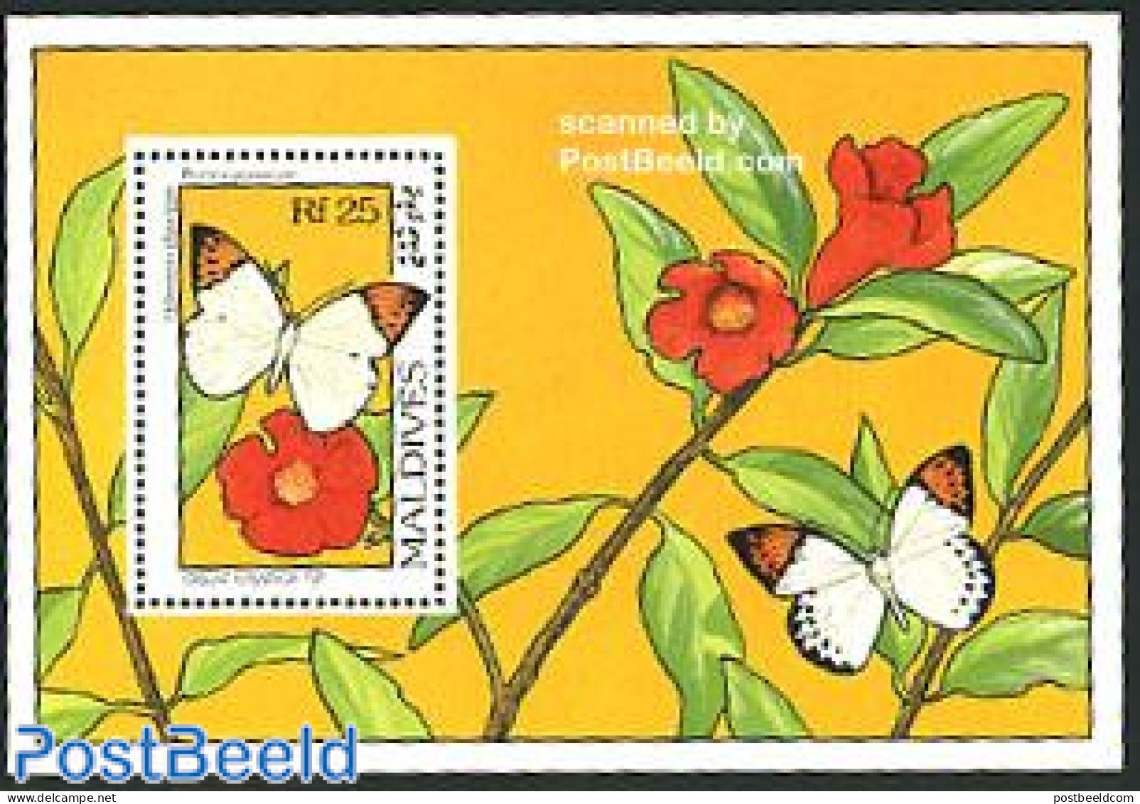 Maldives 1993 Butterflies & Flowers S/s, Hebomoia Glaucippe, Mint NH, Nature - Butterflies - Flowers & Plants - Malediven (1965-...)