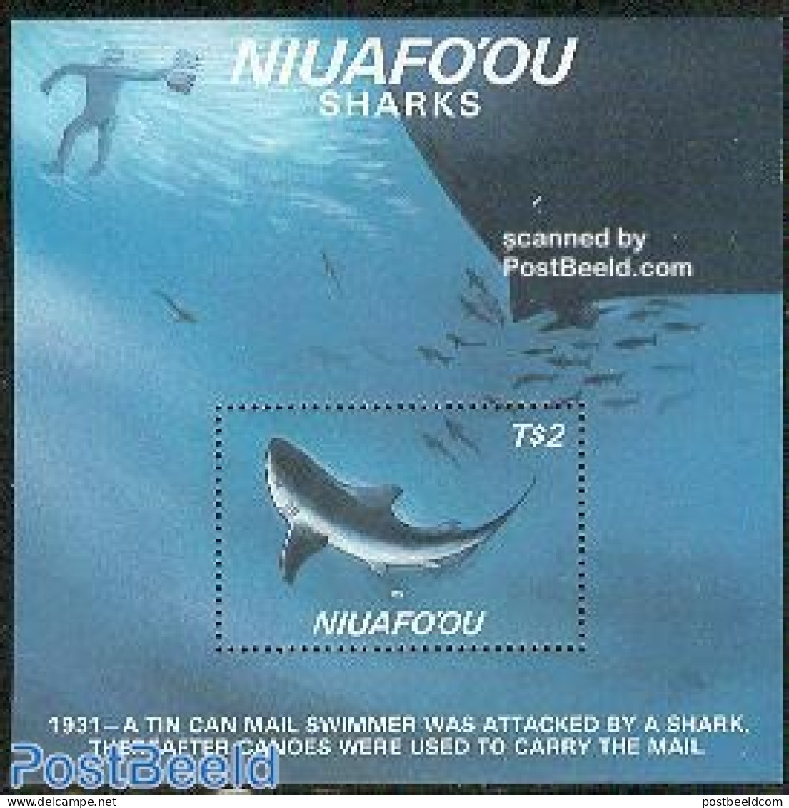 Niuafo'ou 1987 Sharks S/s, Mint NH, Nature - Sport - Transport - Fish - Diving - Ships And Boats - Sharks - Fische
