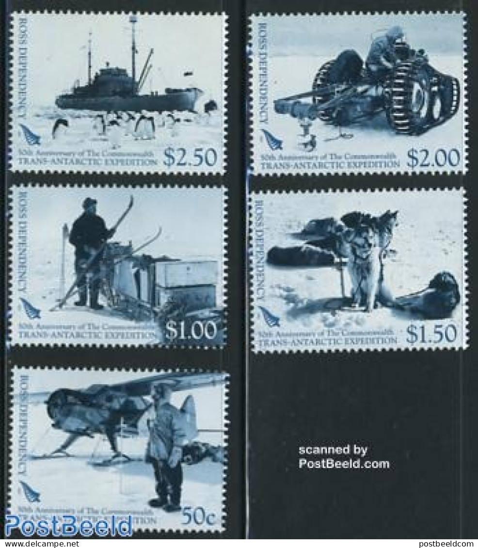 Ross Dependency 2007 Commonwealth Trans-Antarctic-Expedition 5v, Mint NH, Nature - Science - Transport - Dogs - Pengui.. - Flugzeuge