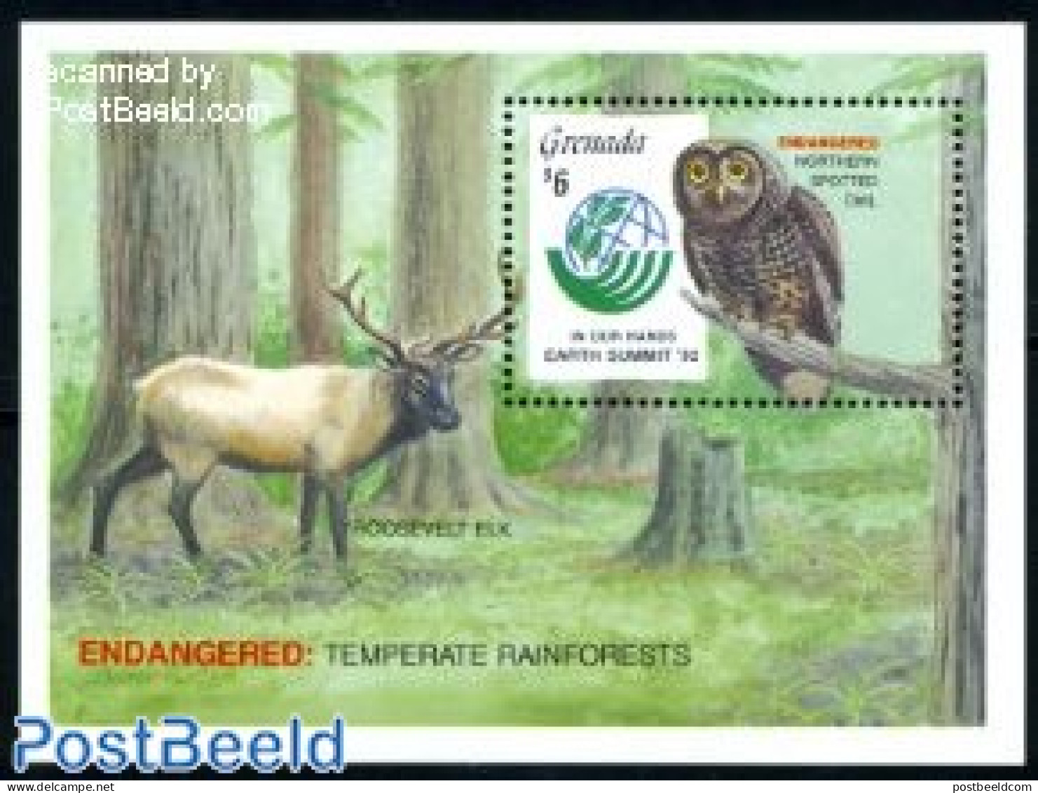 Grenada 1992 UNCED S/s, Mint NH, Nature - Birds - Deer - Environment - Owls - Environment & Climate Protection