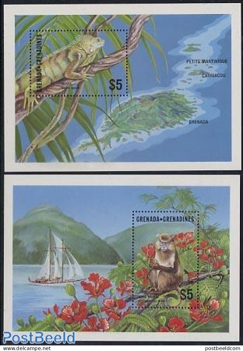 Grenada Grenadines 1986 Animals 2 S/s, Mint NH, Nature - Transport - Animals (others & Mixed) - Flowers & Plants - Rep.. - Ships