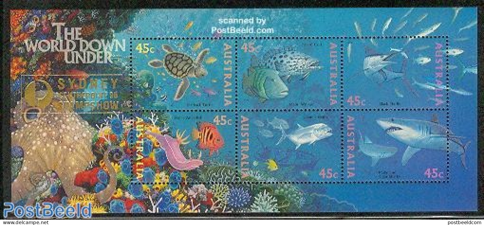 Australia 1995 Sydney Stampshow S/s, Mint NH, Nature - Fish - Turtles - Philately - Sharks - Ongebruikt