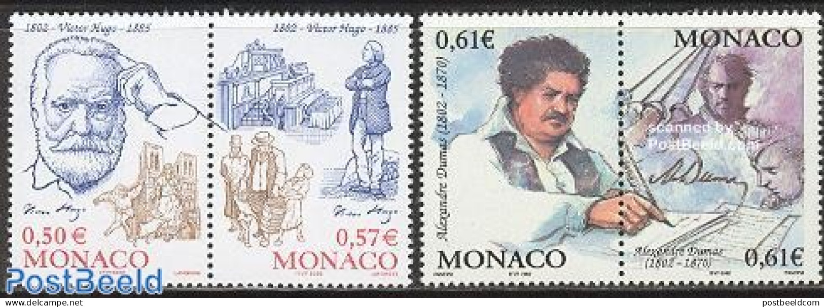 Monaco 2002 Alexandre Dumas, Victor Hugo 2x2v, Mint NH, Art - Authors - Handwriting And Autographs - Unused Stamps