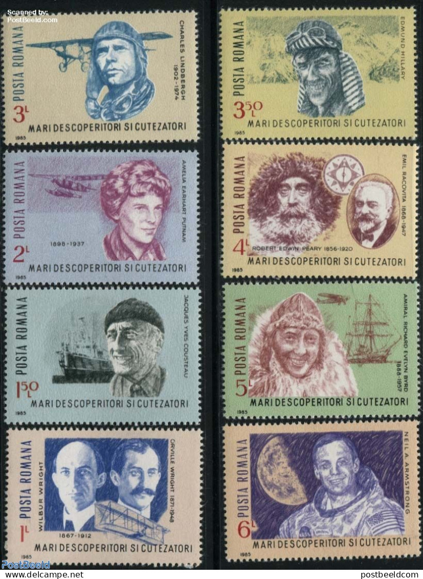 Romania 1985 Famous Explorers 8v, Mint NH, History - Science - Sport - Transport - Explorers - The Arctic & Antarctica.. - Neufs