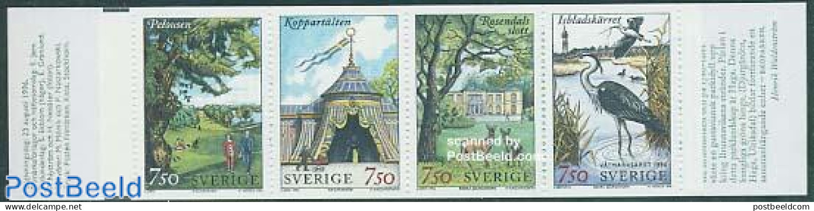 Sweden 1996 Djurgarden 4v In Booklet, Mint NH, Nature - Birds - Deer - Stamp Booklets - Art - Castles & Fortifications.. - Ongebruikt