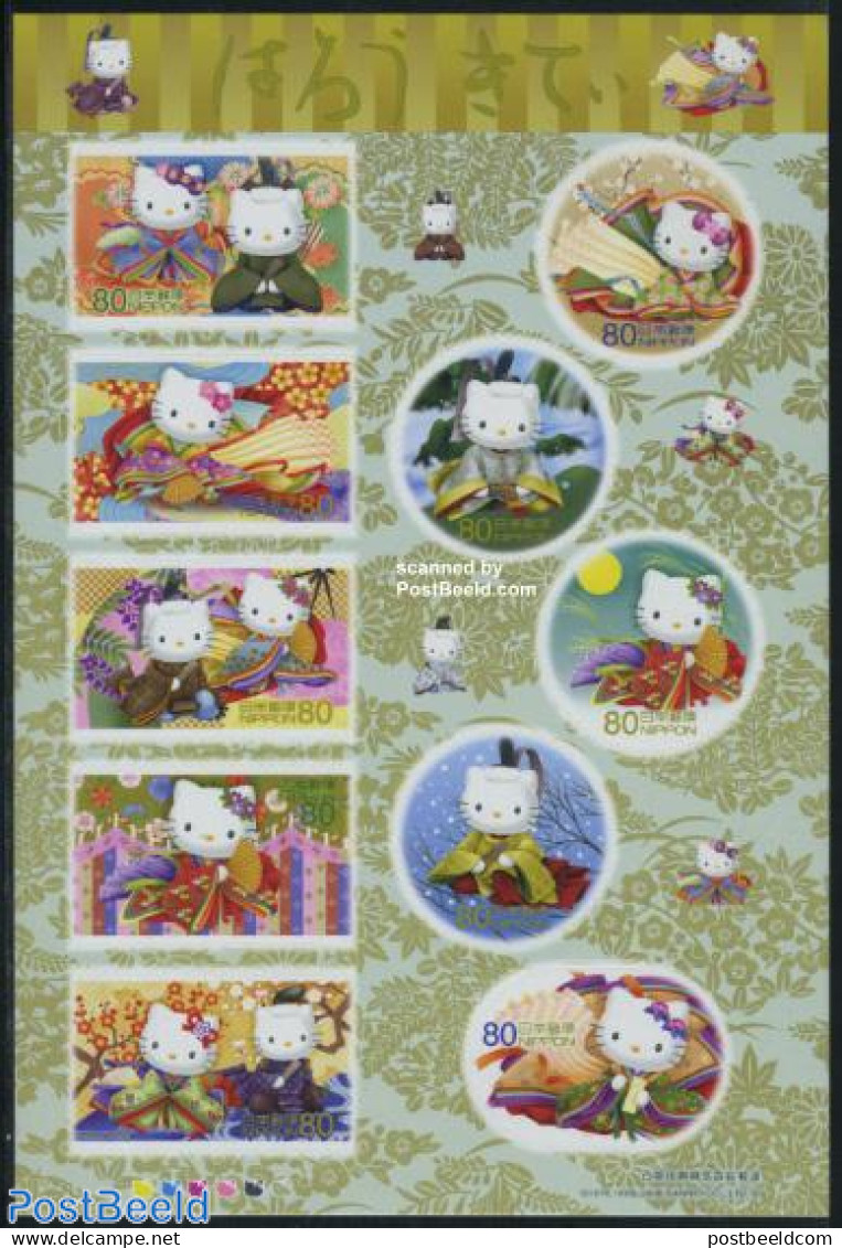 Japan 2008 Hello Kitty 10v M/s, Mint NH, Nature - Various - Cats - Greetings & Wishing Stamps - Round-shaped Stamps - Unused Stamps