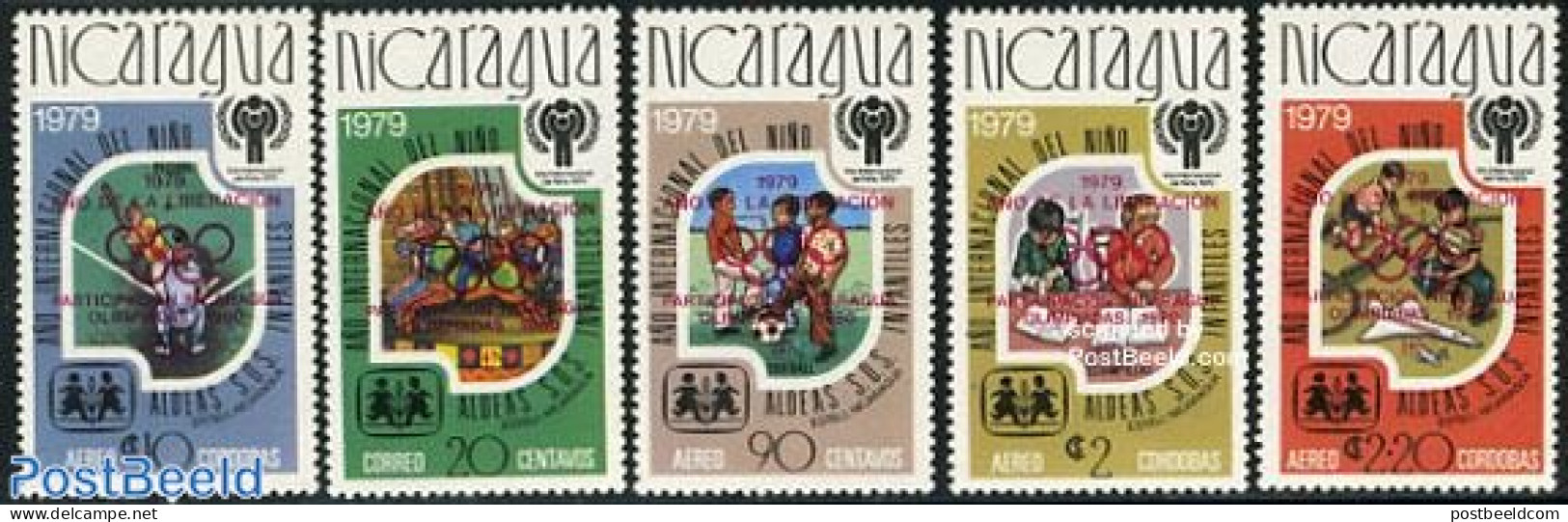 Nicaragua 1980 Olympic Games, Red Overprints 5v, Mint NH, Sport - Various - Baseball - Football - Olympic Games - Fair.. - Honkbal