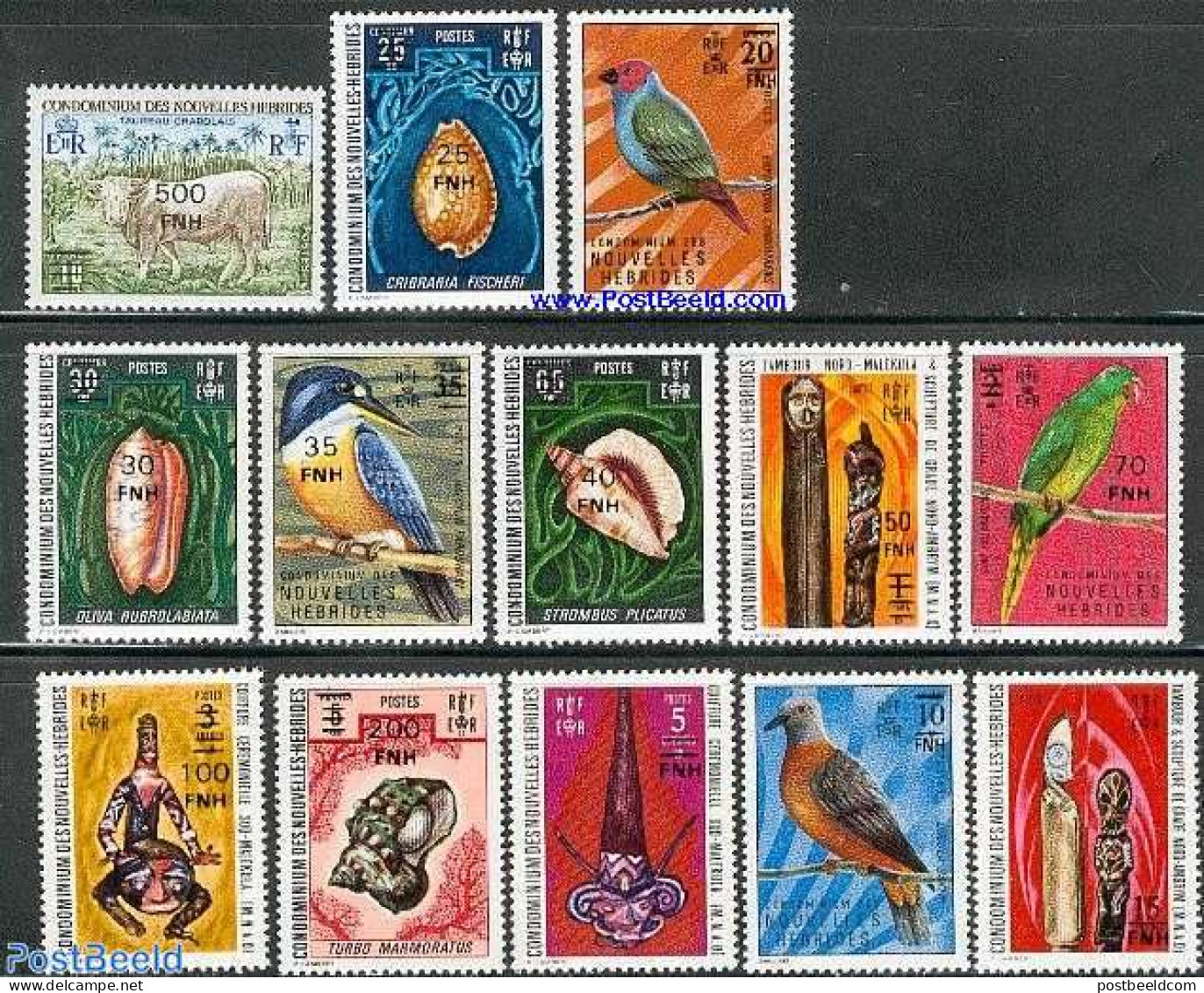 New Hebrides 1977 Overprints 13v F, Mint NH, Nature - Birds - Cattle - Shells & Crustaceans - Kingfishers - Pigeons - Unused Stamps