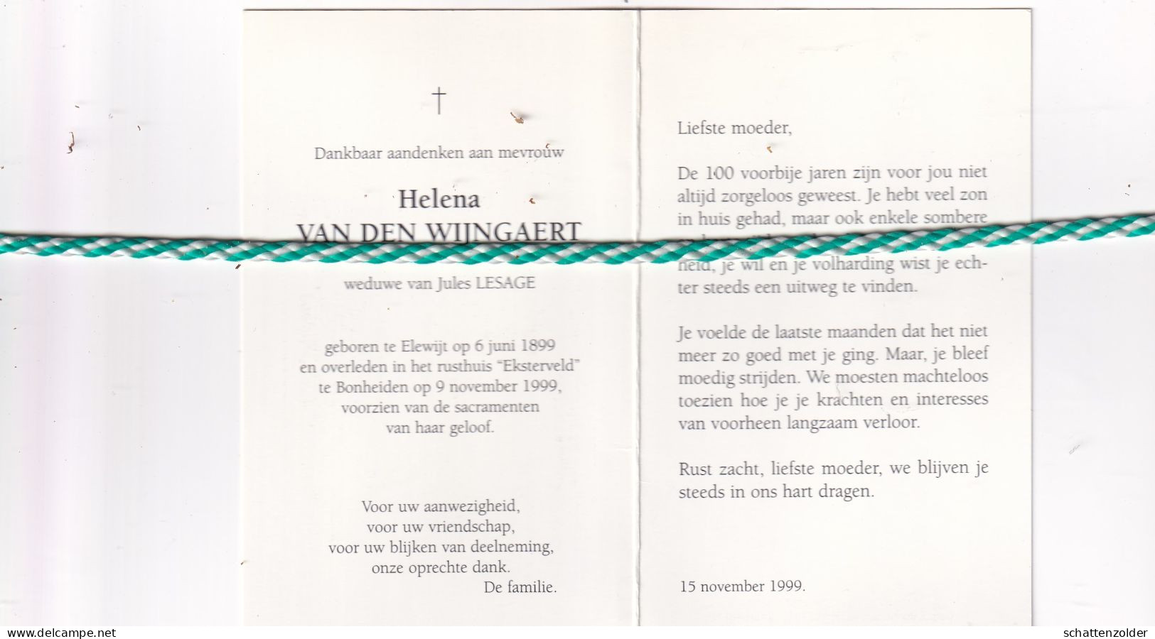 Helena Van Den Wijngaert-Lesage, Elewijt 1899, Bonheiden 1999. Honderdjarige. Foto - Obituary Notices