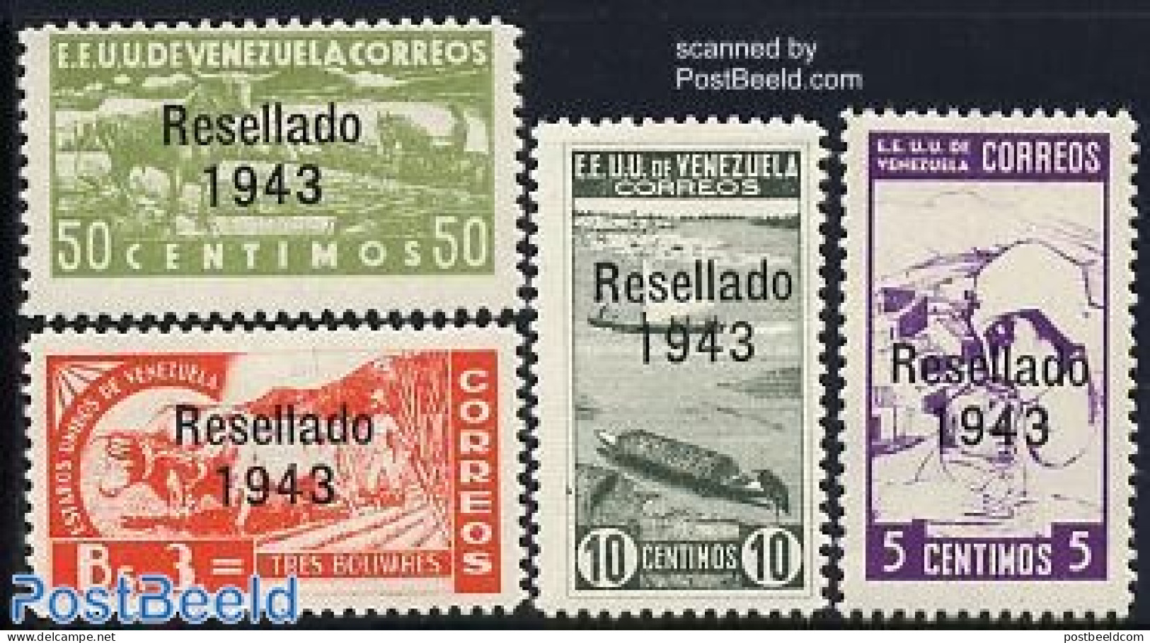 Venezuela 1943 Resellado 4v, Mint NH, Nature - Transport - Cattle - Horses - Aircraft & Aviation - Ships And Boats - Airplanes