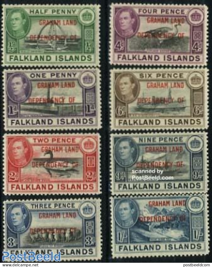 South Georgia / Falklands Dep. 1944 Graham Land, Definitives 8v, Unused (hinged), Nature - Transport - Birds - Cattle .. - Barcos