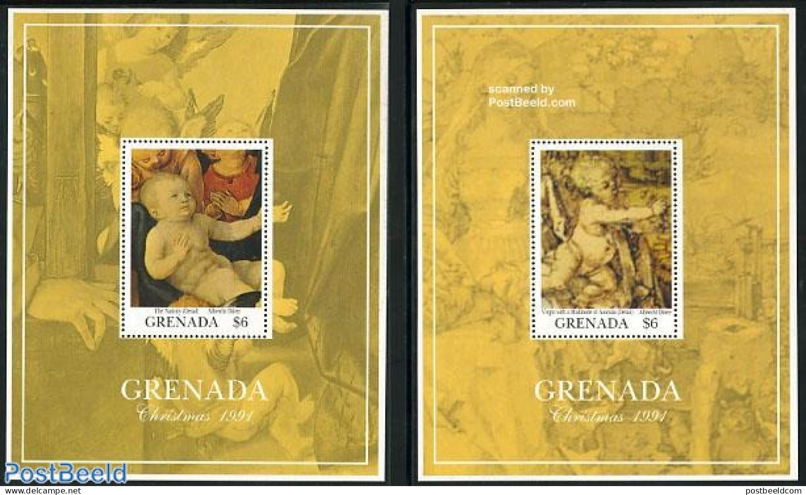 Grenada 1991 Christmas, Durer 2 S/s, Mint NH, Religion - Christmas - Art - Dürer, Albrecht - Paintings - Noël