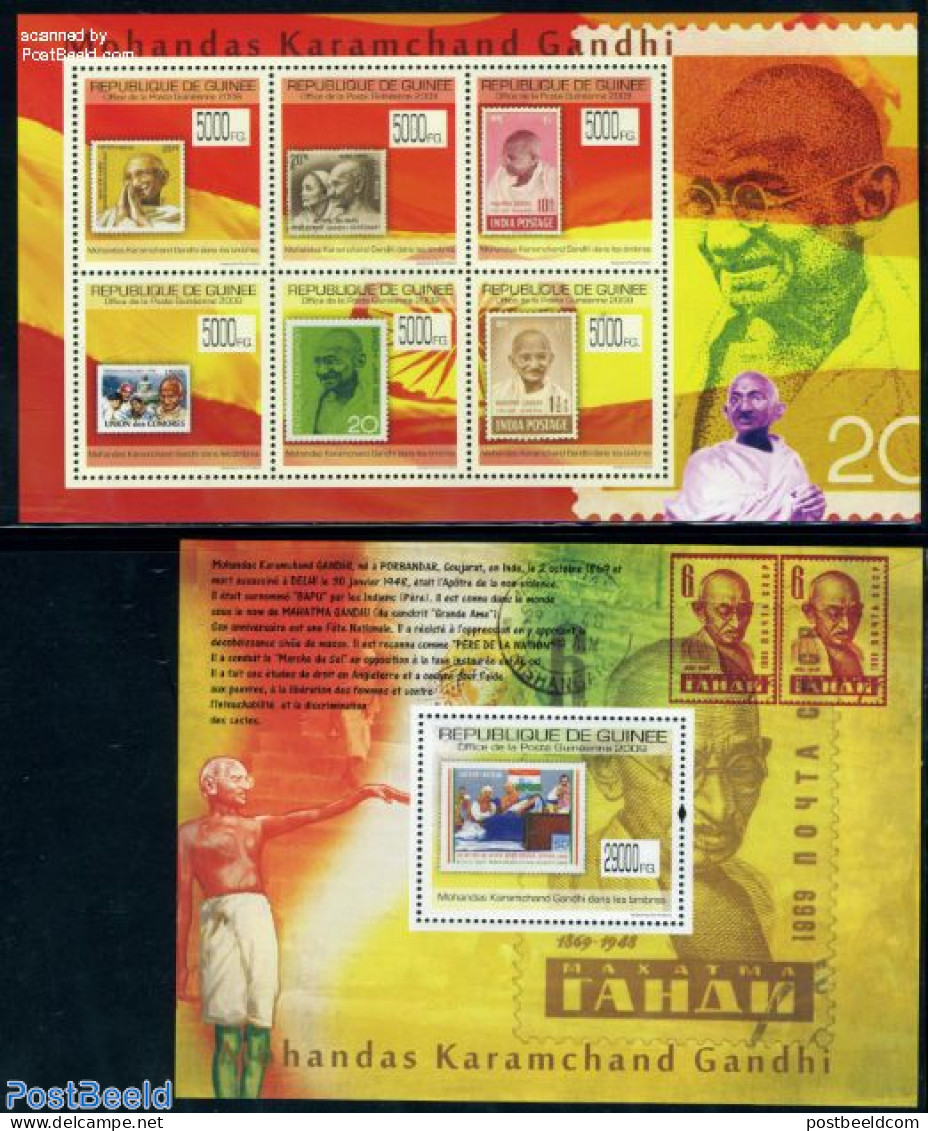 Guinea, Republic 2009 Gandhi On Stamps 7v (2 S/s), Mint NH, History - Gandhi - Stamps On Stamps - Mahatma Gandhi