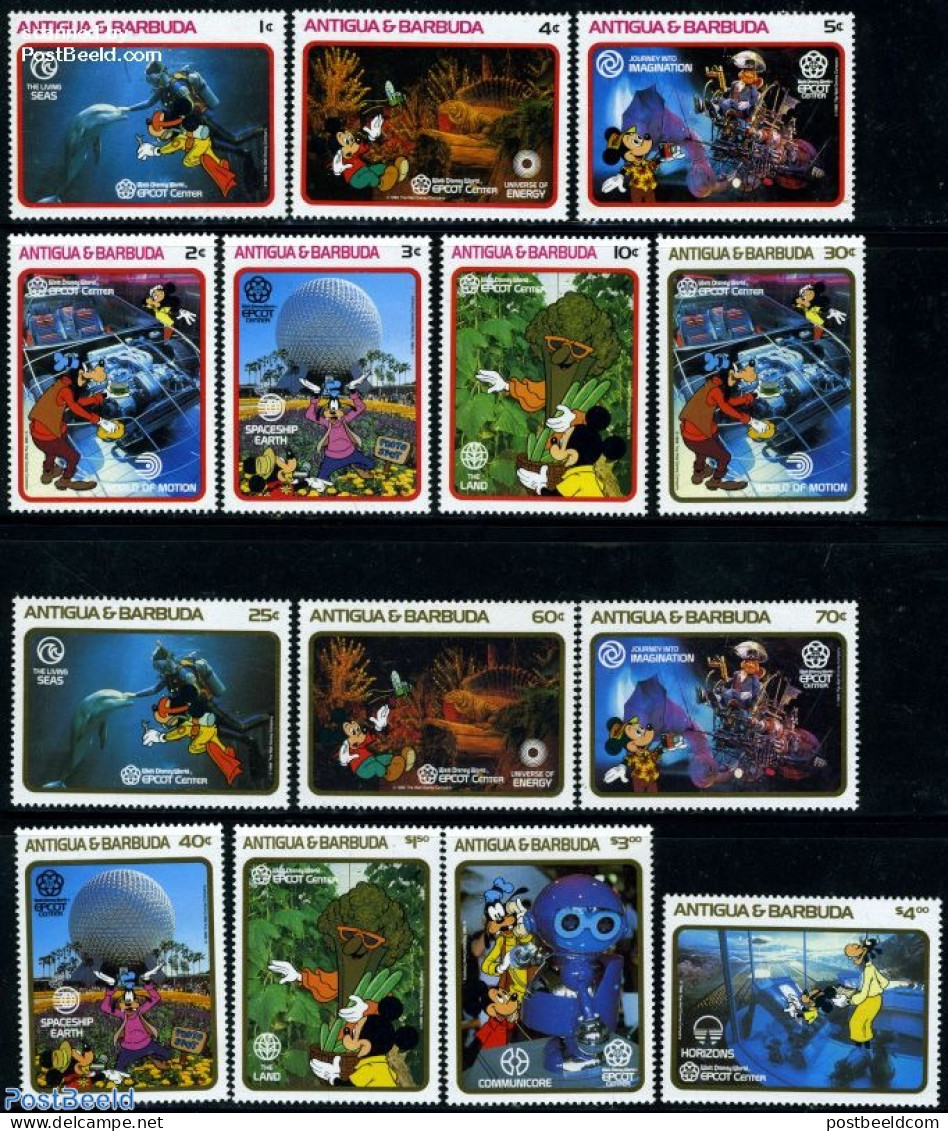 Antigua & Barbuda 1988 Disney Epcot 14v, Mint NH, Nature - Transport - Prehistoric Animals - Sea Mammals - Automobiles.. - Vor- U. Frühgeschichte