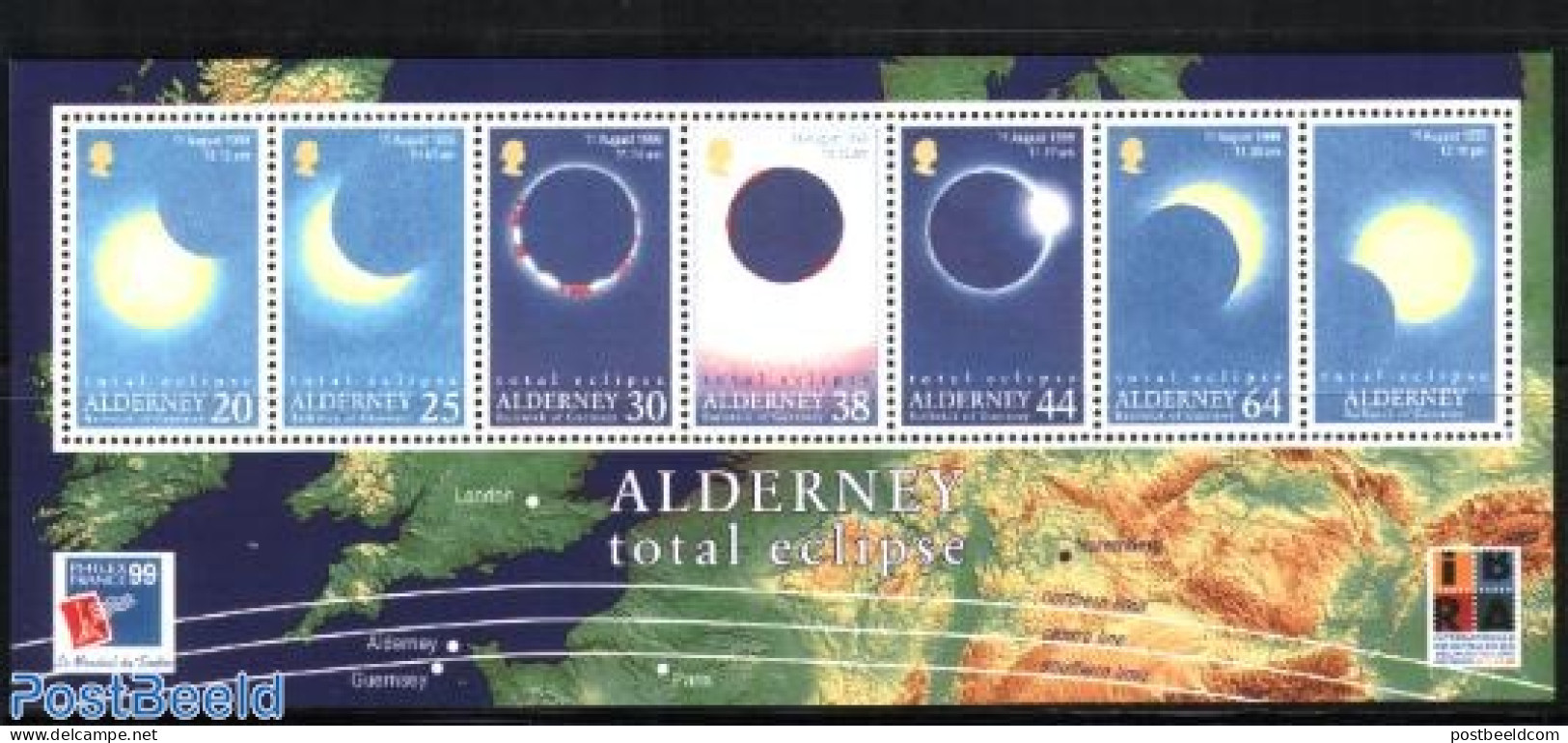 Alderney 1999 Solar Eclipse S/s, Mint NH, Science - Astronomy - Astrology