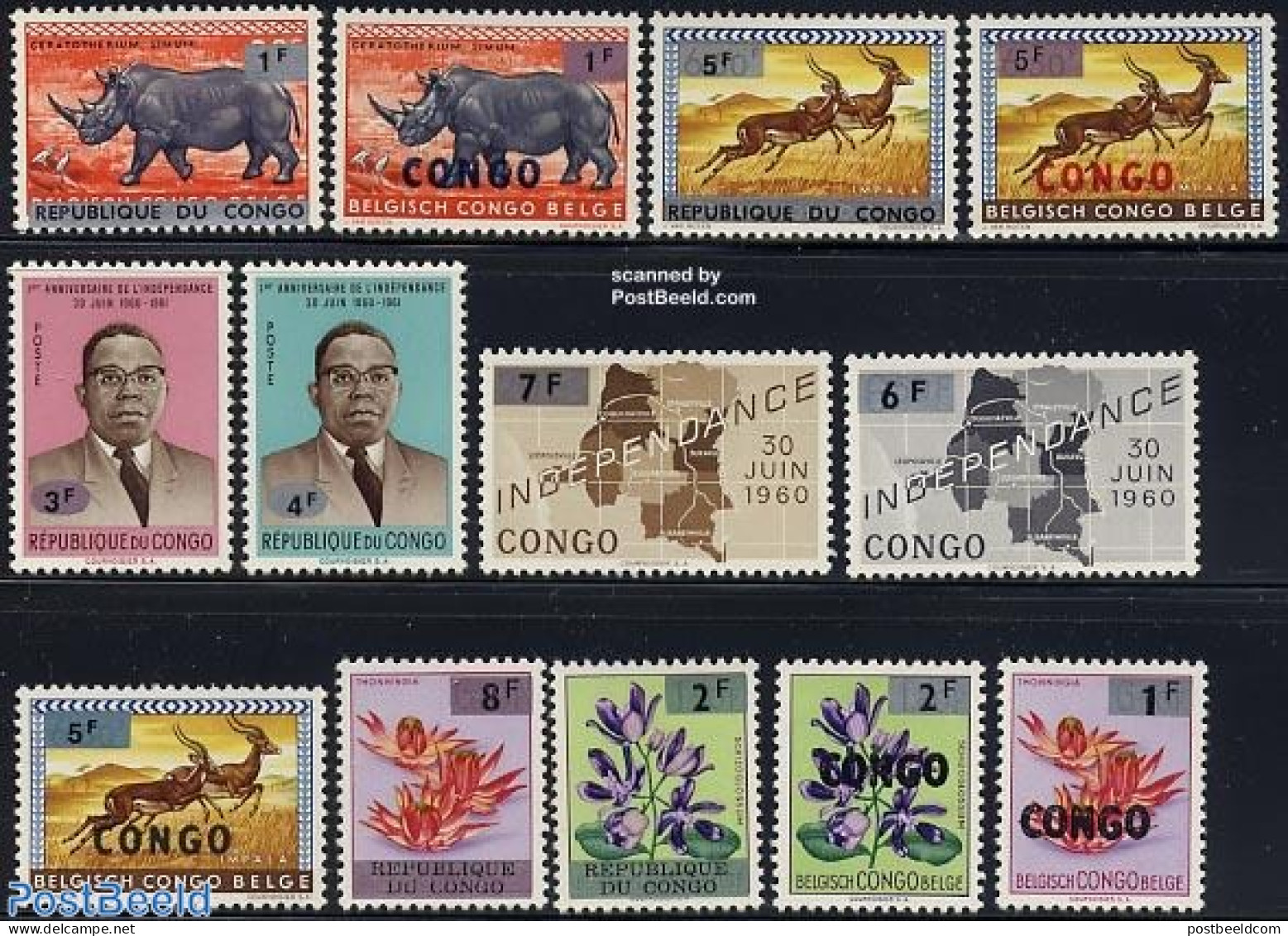 Congo (Kinshasa) 1964 Overprints 13v, Mint NH, Nature - Various - Animals (others & Mixed) - Flowers & Plants - Maps - Geographie