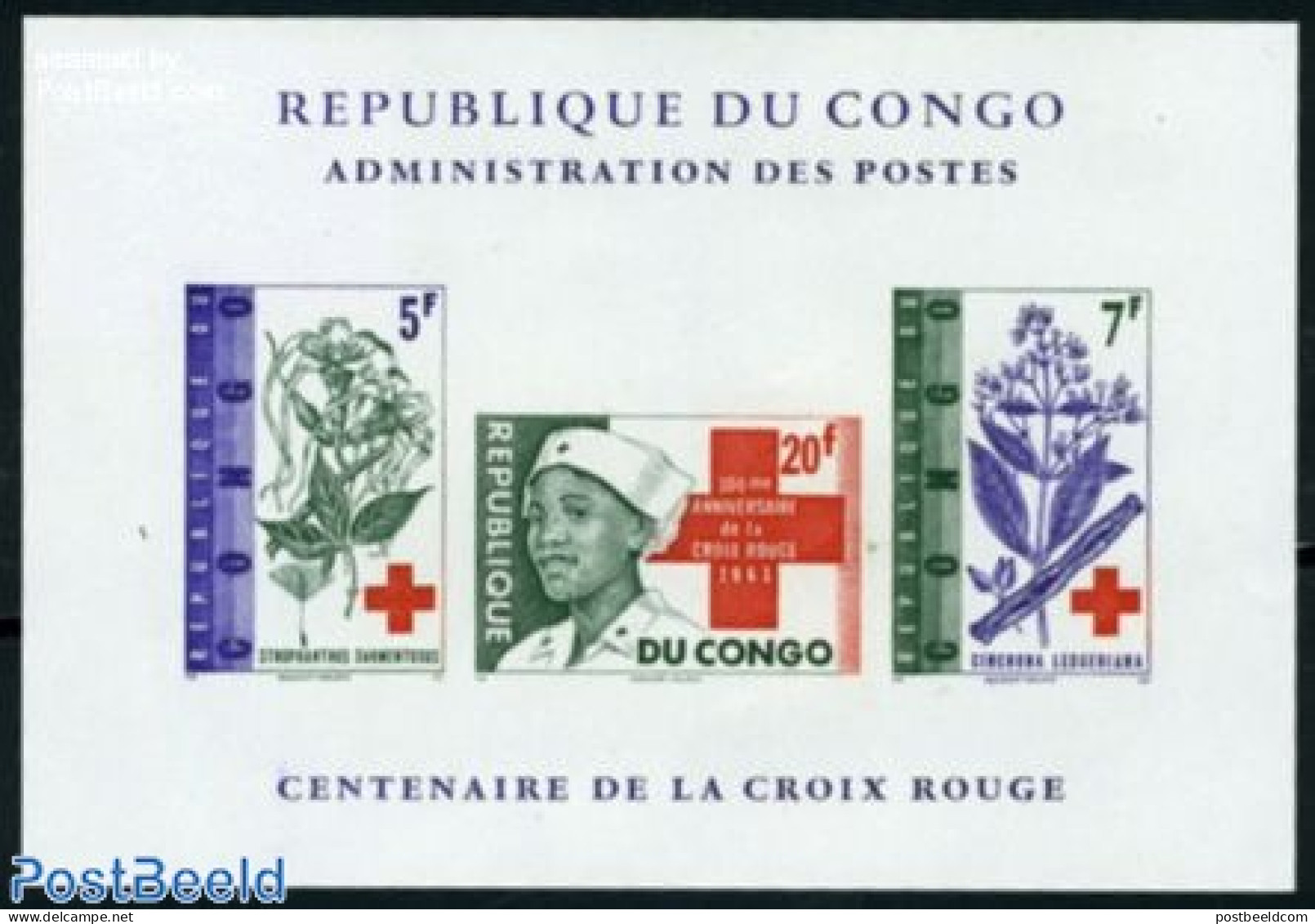 Congo (Kinshasa) 1964 Red Cross Centenary S/s Imperforated, Mint NH, Health - Nature - Red Cross - Flowers & Plants - Red Cross