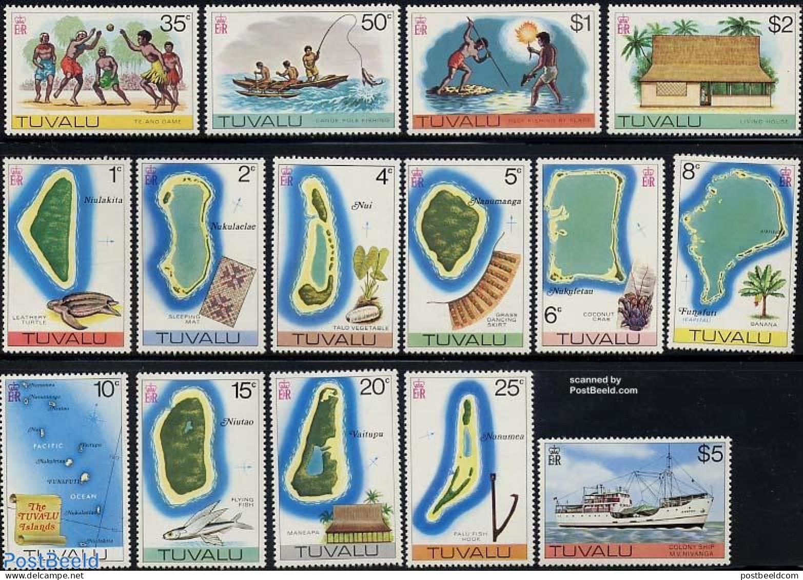 Tuvalu 1976 Definitives 15v, Mint NH, Nature - Transport - Various - Turtles - Ships And Boats - Maps - Ships