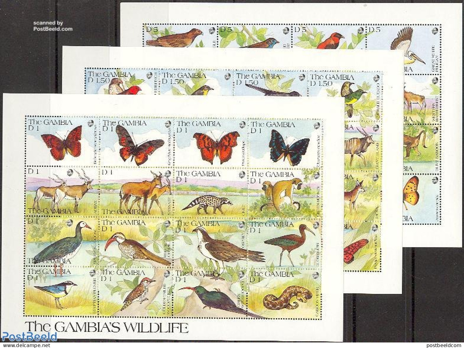 Gambia 1991 Animals 3x16v M/s (3 Sheets), Mint NH, Nature - Animals (others & Mixed) - Birds - Butterflies - Elephants.. - Gambia (...-1964)