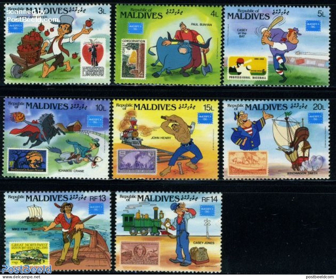 Maldives 1986 Ameripex, Disney 8v, Mint NH, Sport - Transport - Baseball - Stamps On Stamps - Railways - Ships And Boa.. - Honkbal