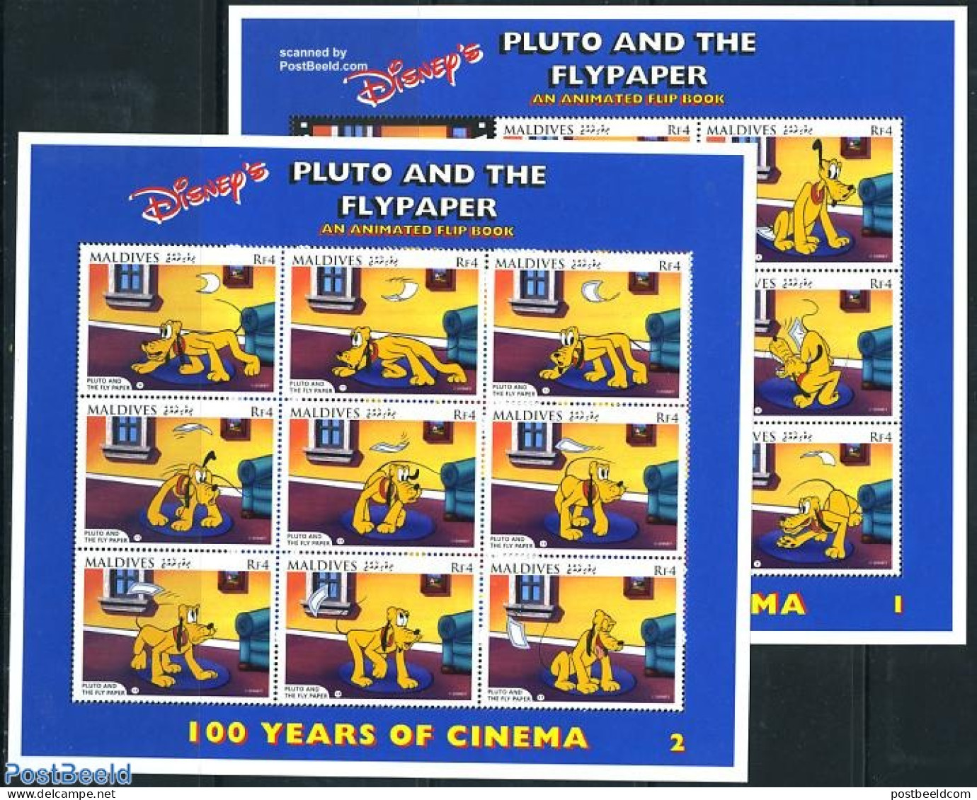 Maldives 1996 100 Years Cinema, Pluto 17v (2 M/s), Mint NH, Performance Art - Film - Art - Disney - Cinéma