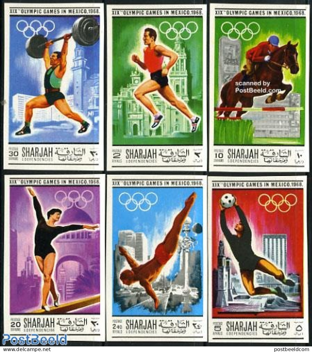 Sharjah 1968 Olympic Games 6v, Imperforated, Mint NH, Nature - Sport - Horses - Athletics - Olympic Games - Weightlift.. - Athlétisme