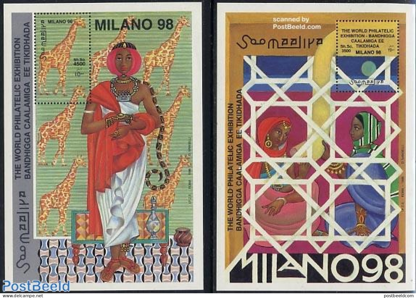 Somalia 1998 Milano 1998 2 S/s, Mint NH, Nature - Various - Animals (others & Mixed) - Giraffe - Philately - Costumes - Disfraces