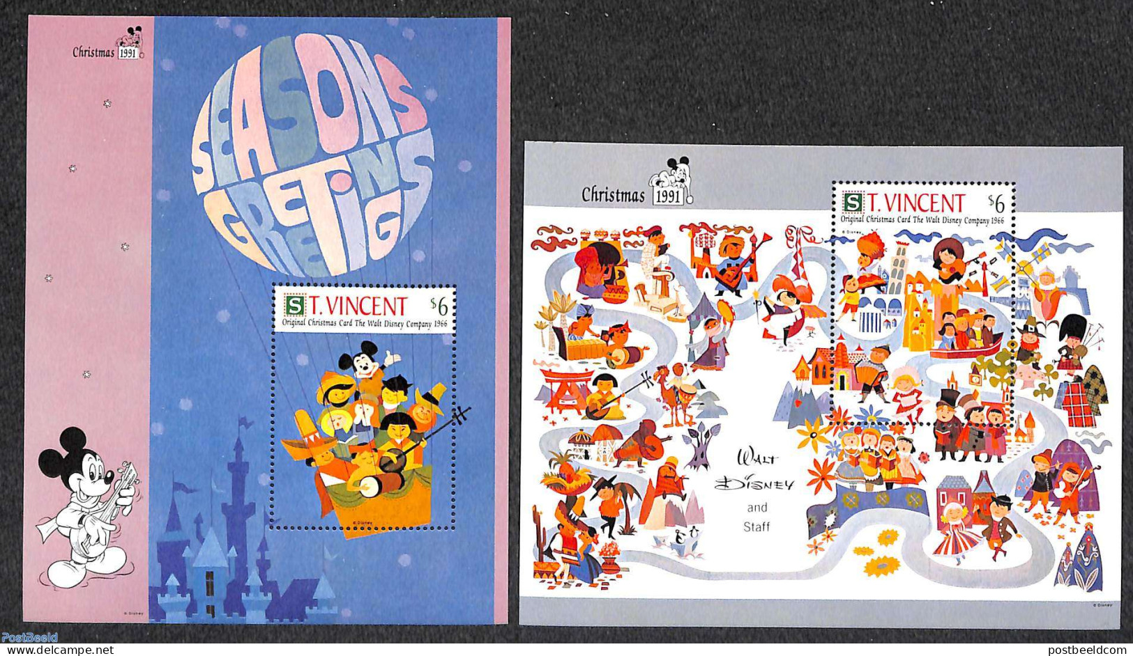 Saint Vincent 1991 Christmas, Disney 2 S/s, Mint NH, Religion - Christmas - Art - Disney - Noël